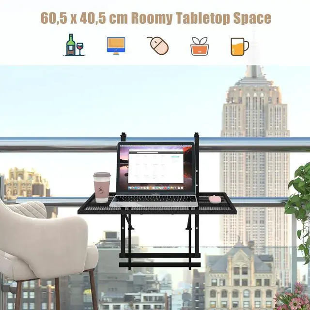 Alt view image 7 of 7 - SPORFIT Balcony Railing Table, Metal Folding Hanging Table w/5 Adjustable Heights, Heavy Duty Balcony Bar Table for Railings, Patio, Deck