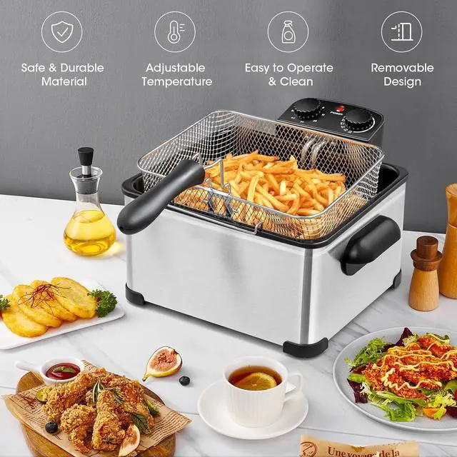 Alt view image 2 of 7 - ARLIME Electric Deep Fryer with Basket, 5.3 Qt Commercial Fryer with Adjustable Temperature, Timer, Removable Lid w/ View Window, Stainless Steel Countertop Oil Fryer for Home, Kitchen, 1700W