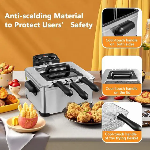 Alt view image 4 of 7 - ARLIME Electric Deep Fryer with Basket, 5.3 Qt Commercial Fryer with Adjustable Temperature, Timer, Removable Lid w/ View Window, Stainless Steel Countertop Oil Fryer for Home, Kitchen, 1700W