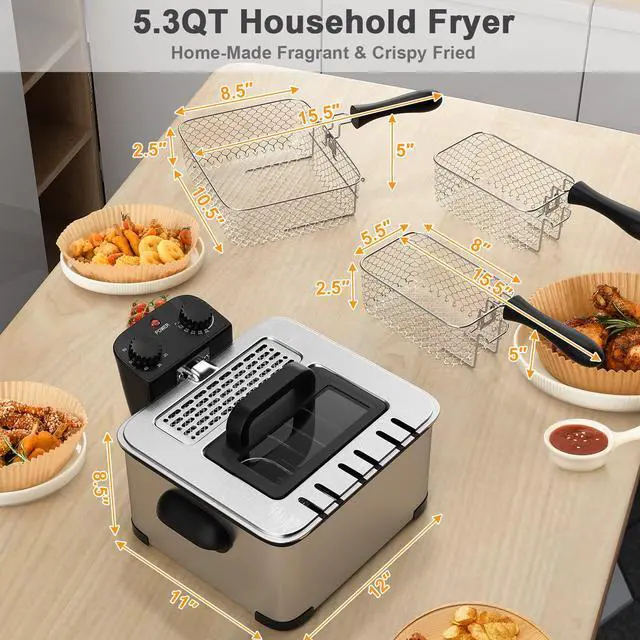 Alt view image 7 of 7 - ARLIME Electric Deep Fryer with Basket, 5.3 Qt Commercial Fryer with Adjustable Temperature, Timer, Removable Lid w/ View Window, Stainless Steel Countertop Oil Fryer for Home, Kitchen, 1700W