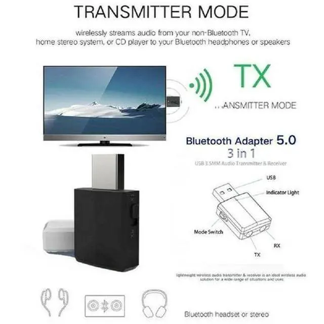 Alt view image 6 of 7 - 3 in 1 USB Bluetooth 5.0 Audio Transmitter/Receiver Adapter For TV/PC/Car Black