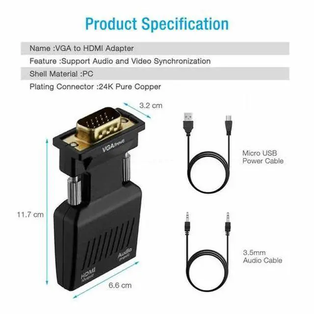 Alt view image 2 of 7 - VGA To HDMI Adapter Full HD 1080P Audio Video Converter Laptop PC To TV HDTV AV