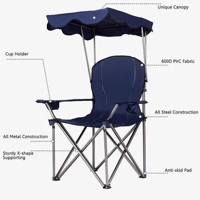 Alt view image 6 of 7 - Bettary Camping Chair with Canopy & Carry Bag, Navy Blue