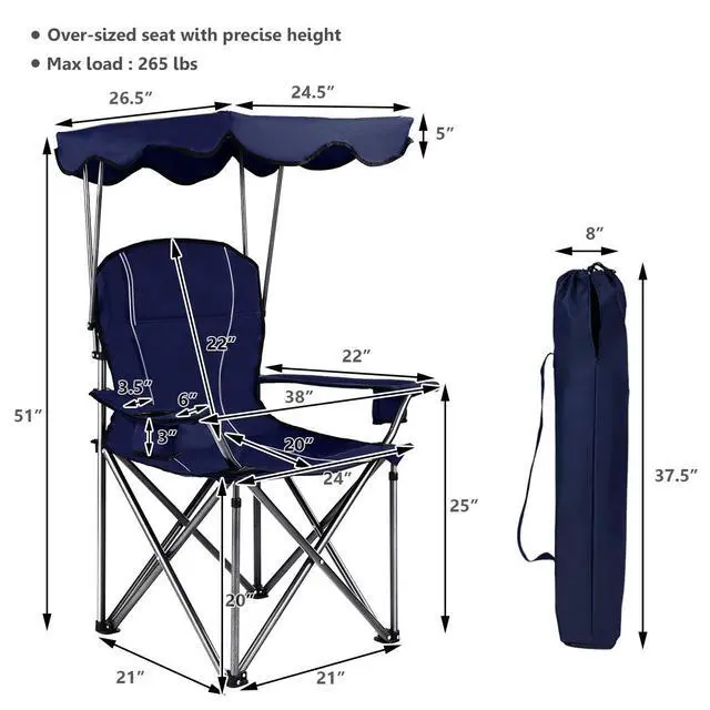 Alt view image 7 of 7 - Bettary Camping Chair with Canopy & Carry Bag, Navy Blue