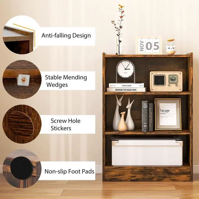Alt view image 4 of 7 - SPORFIT Bookshelf, 3-Tier Open Wooden Bookcase