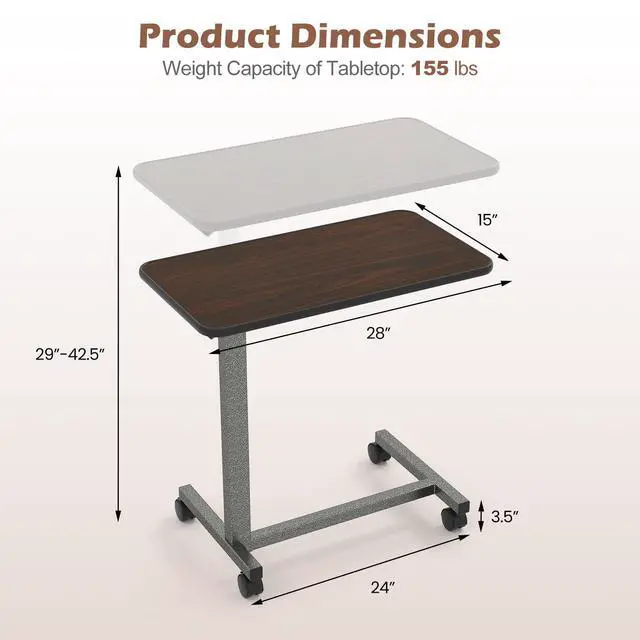 Alt view image 7 of 7 - SPORFIT Height Adjustable Table, 28" x 15" Mobile Computer Desk, Brown