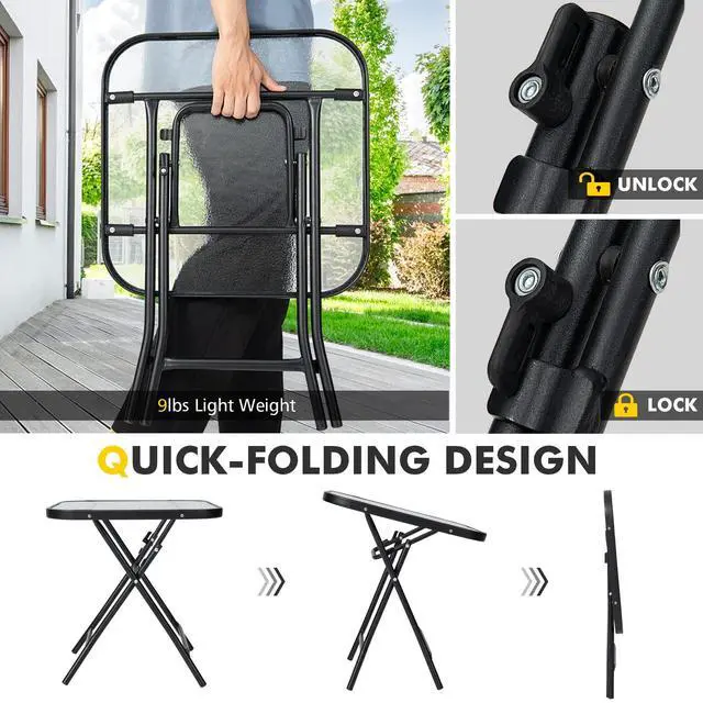Alt view image 3 of 7 - SPORFIT 18" Folding Side Table w/Tempered Glass Top, Black Metal