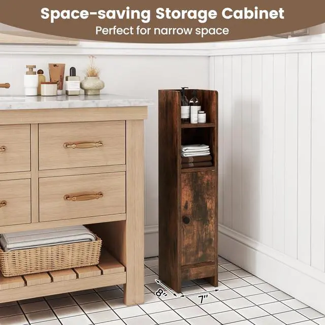 Alt view image 4 of 7 - SPORFIT Small Bathroom Storage Cabinet w/Door, Rustic Brown