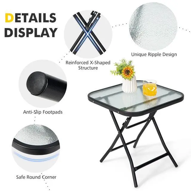 Alt view image 4 of 7 - SPORFIT 18" Folding Side Table w/Tempered Glass Top, Black Metal