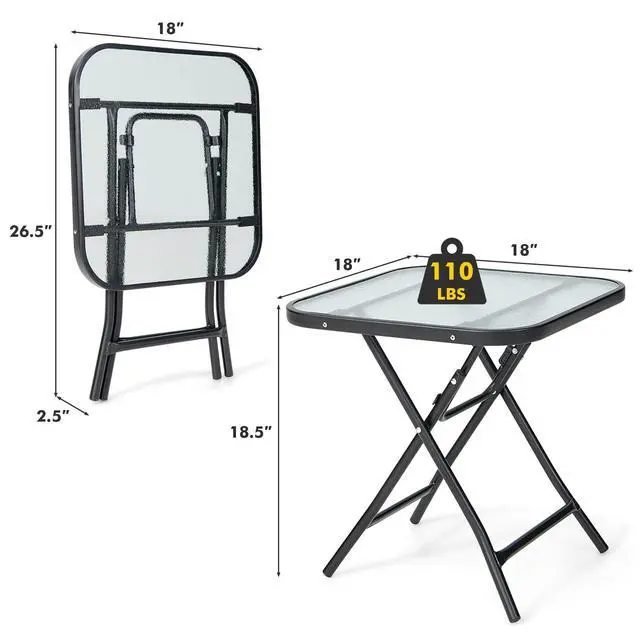 Alt view image 7 of 7 - SPORFIT 18" Folding Side Table w/Tempered Glass Top, Black Metal