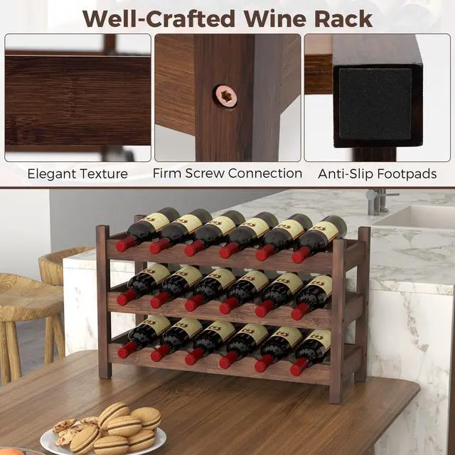 Alt view image 4 of 7 - SPORFIT 3-Tier Bamboo Wine Rack, 18-Bottle Storage Shelf, Brown
