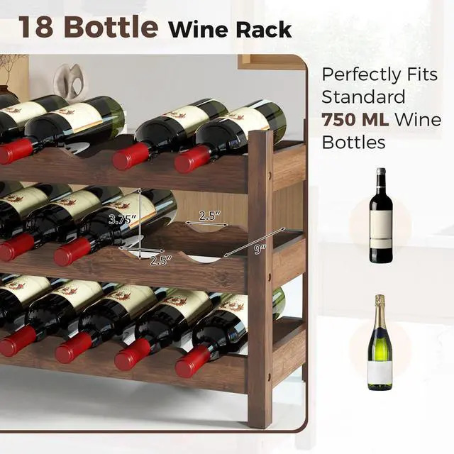 Alt view image 5 of 7 - SPORFIT 3-Tier Bamboo Wine Rack, 18-Bottle Storage Shelf, Brown