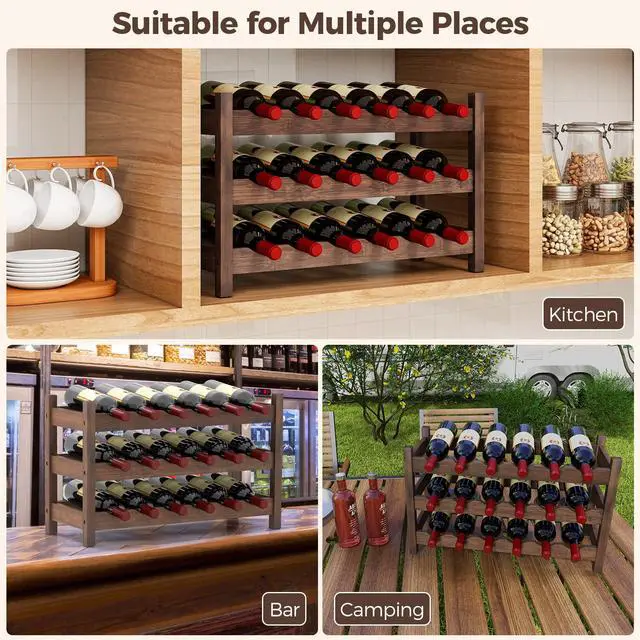 Alt view image 7 of 7 - SPORFIT 3-Tier Bamboo Wine Rack, 18-Bottle Storage Shelf, Brown