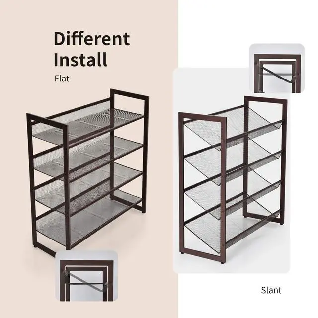 Alt view image 4 of 7 - BETTARY 4-Tier Metal Hollow Shoe Rack, Stackable Flat & Slant Adjustable Shoe Storage Stand, Space-Save Layered Shoes Shelf, Freestanding Shoes Storage Organizer for Bedroom Entryway Closet Hallway