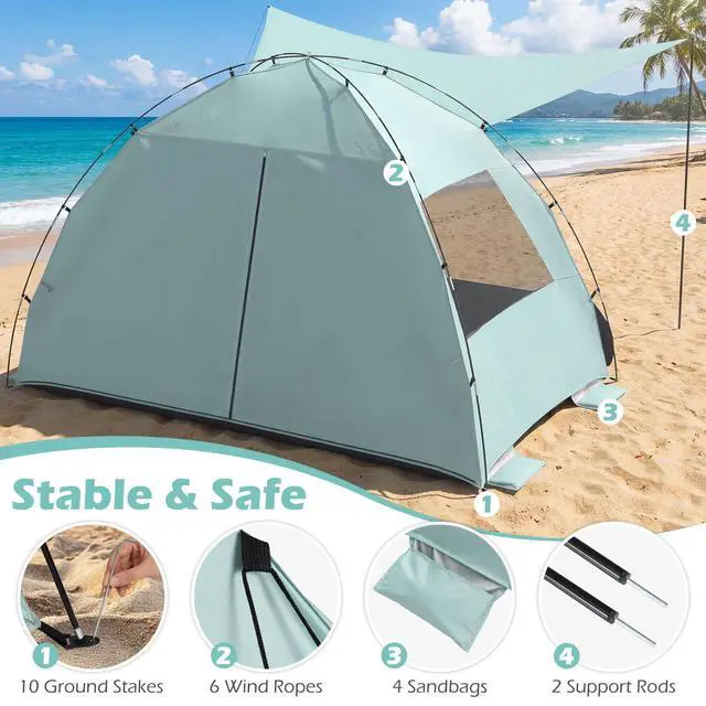 Alt view image 5 of 7 - SPORFIT Beach Tent Sun Shelter, UPF50+, Green (5-6 Person)