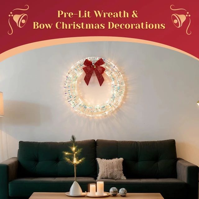 Alt view image 2 of 7 - Christmas Wreath 24in with Lights, Bows for In/Outdoor Holiday Party Decoration