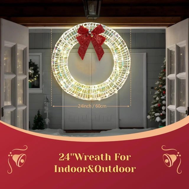 Alt view image 3 of 7 - Christmas Wreath 24in with Lights, Bows for In/Outdoor Holiday Party Decoration