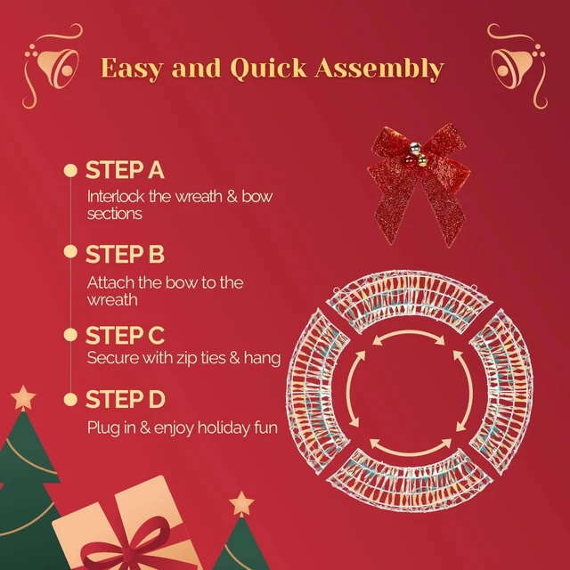 Alt view image 6 of 7 - Christmas Wreath 24in with Lights, Bows for In/Outdoor Holiday Party Decoration