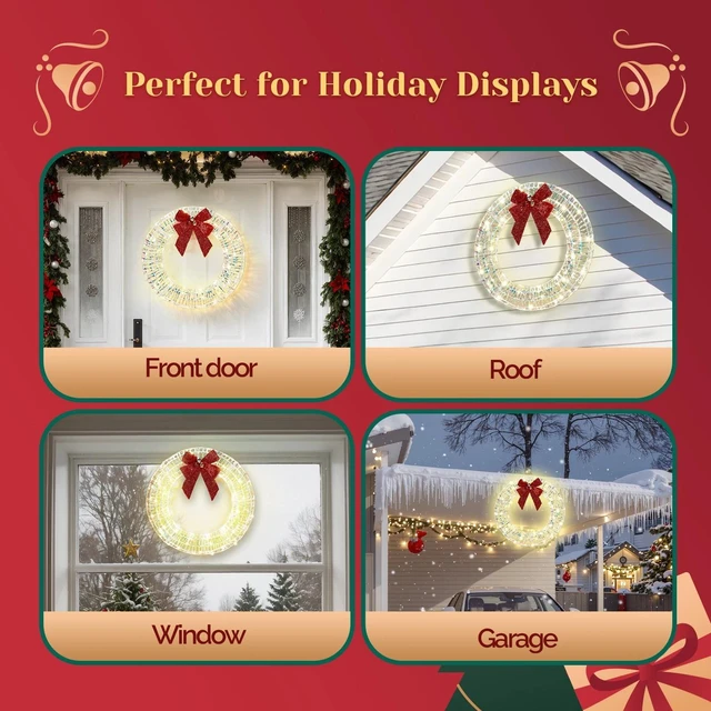 Alt view image 7 of 7 - Christmas Wreath 24in with Lights, Bows for In/Outdoor Holiday Party Decoration