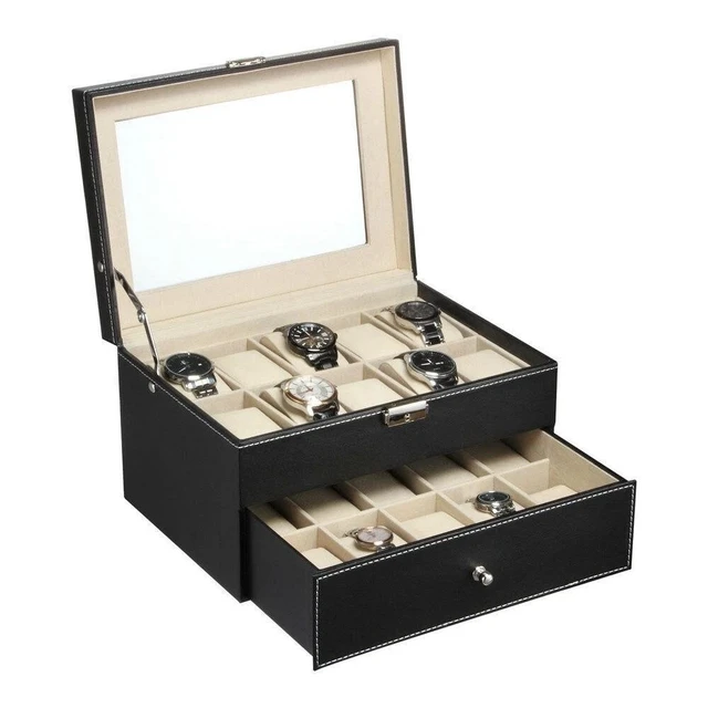 Alt view image 2 of 7 - 20 Slot Grids Watch Box Leather Display Case Organizer Glass Jewelry Storage BK