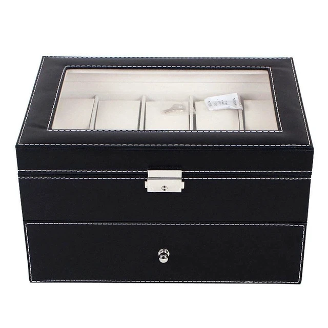 Alt view image 4 of 7 - 20 Slot Grids Watch Box Leather Display Case Organizer Glass Jewelry Storage BK