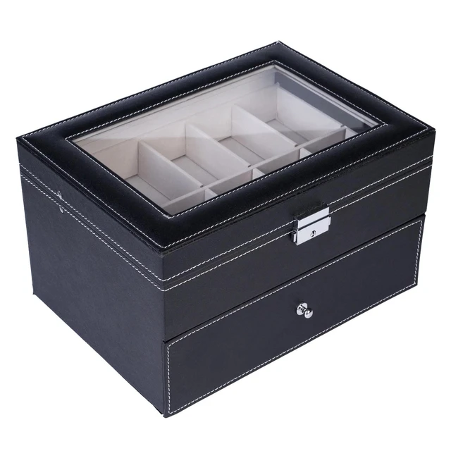 Alt view image 5 of 7 - 20 Slot Grids Watch Box Leather Display Case Organizer Glass Jewelry Storage BK