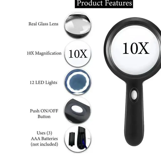 Alt view image 2 of 7 - 10X Magnifying Glass Light Jumbo Handheld Magnifier Large LED Illuminated Lens