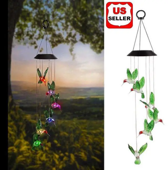 Main image of Solar Color Changing LED Hummingbird Wind Chimes Home Garden Decor Light Lamp US