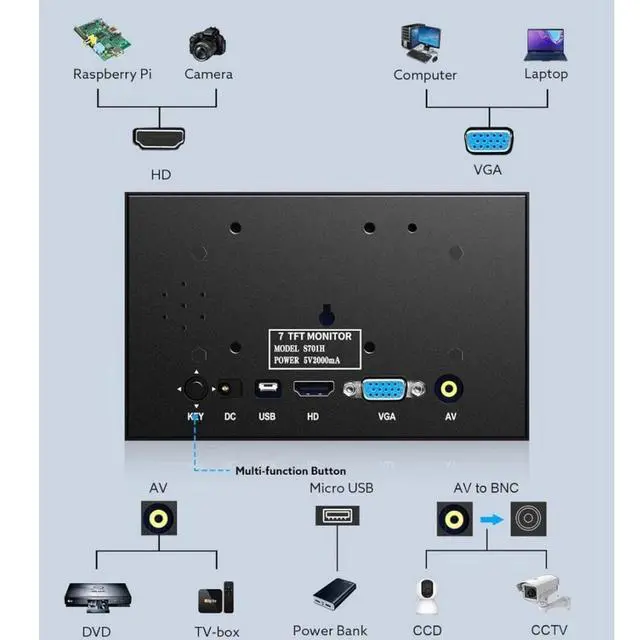 Alt view image 4 of 7 - 8" Mini Monitor LCD Screen Display USB/HDMI /VGA/AV Input Interface