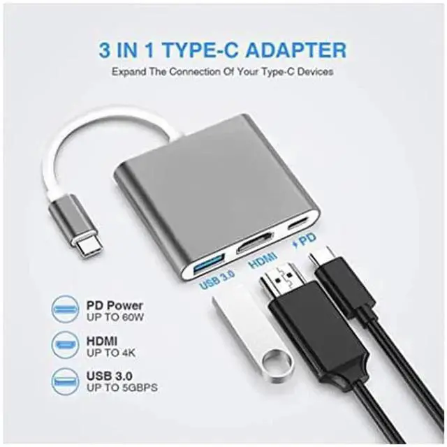 Alt view image 4 of 7 - USB C to HDMI Multiport Adapter, Thunderbolt 3 4K HDMI Digital AV Adapter with USB 3.0 & PD Fast Charging Port, Aluminum Type C Hub for MacBook, iPad Pro, Samsung S20/S10+, Laptop, Monitor, Projector