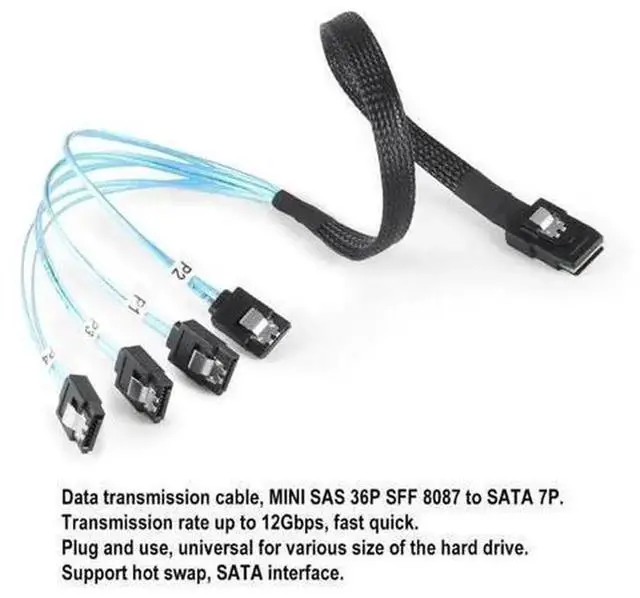 Alt view image 4 of 5 - 50/70cm Mini SAS SFF-8087 36Pin to 4 SATA 7Pin Breakout Cable, 12Gbps High Speed SAS 4i Hard Drive Data Cord, Universal for LSI RAID HBA Card, Supermicro/Dell/HP Server, NAS Storage Array, Connect Fou