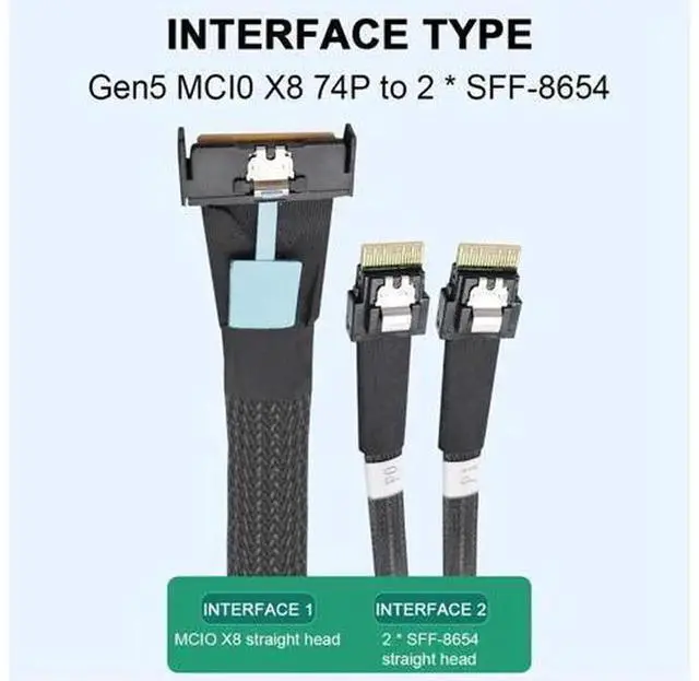 Alt view image 5 of 7 - 50cm MCIO 8i Slimline SAS Breakout Cable, Male to Male PCIE 5.0 Server Adapter Cord, 1 MCIO 8i Port Split to Dual SFF-8654 4i Interfaces, High-Speed Storage Connection Cable for Server Motherboard, RA