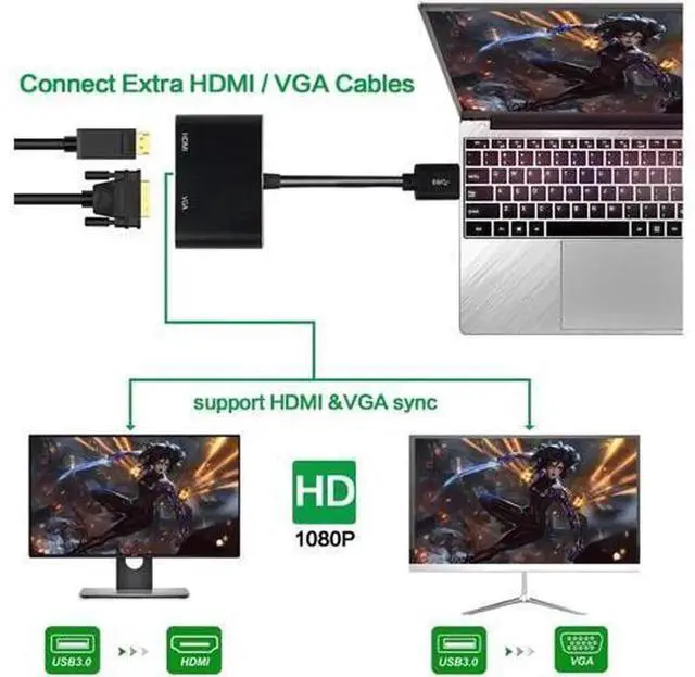 Alt view image 3 of 5 - USB 3.0 to VGA 2-in-1 Audio Video Converter Cable Support 1080P Full HD Multi-Monitor Expansion, USB to VGA HD Display Adapter Cord for MacBook Laptop Desktop PC Office Classroom Multi-Screen Display