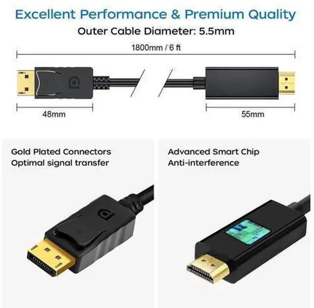 Alt view image 7 of 7 - 2 Pack 6FT 4K DisplayPort to HDMI Cable, Male to Male DP to HDMI Converter Cord, High Resolution DP 1.2 to HDMI Wire for Desktop Laptop PC, HDTV, Gaming Monitor, Projector, Graphics Card, Home Office