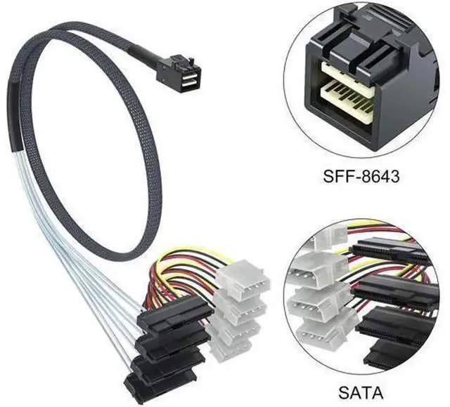 Alt view image 3 of 7 - 1M Internal Mini SAS HD SFF-8643 to 4 SFF-8482 Fan-Out Cable, 12Gbps RAID Controller to HDD Cord with IDE Molex SATA Power Connector, Compatible with LSI Broadcom RAID Card Server SAS SATA Hard Drives
