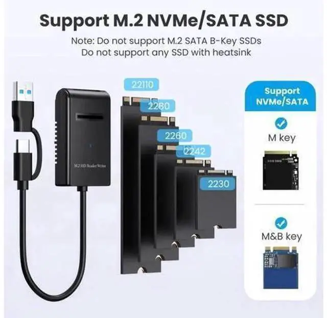 Alt view image 5 of 7 - M.2 SSD Dock Cable Enclosure with RTL9210B Chipset, USB3.0 Type-A & USB-C to M.2 M-Key NGFF NVMe SATA Dual Protocol Adapter, Portable External Cable-Style Drive Reader for 2280 M.2