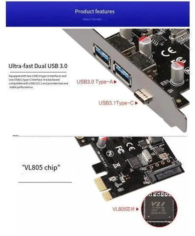 Alt view image 4 of 6 - PCIe X4/X2/X1 Expansion Card with USB 3.1 Gen2 Type-C & USB 3.0 Type-A Dual Ports, Internal Desktop PCI Express USB Adapter Card, 10Gbps High-Speed Data Transfer Board for DIY Gaming PC, Office Workst
