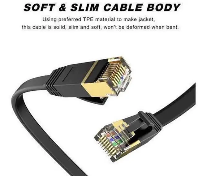 Alt view image 4 of 7 - 50 FT Black Flat Cat6 Ethernet Cable, High Speed RJ45 Solid Slim LAN Internet Cord for Indoor & Outdoor Use, 10Gbps Heavy-Duty Network Patch Wire for PC, Router, Modem, Switch, Gaming Devices, Stable