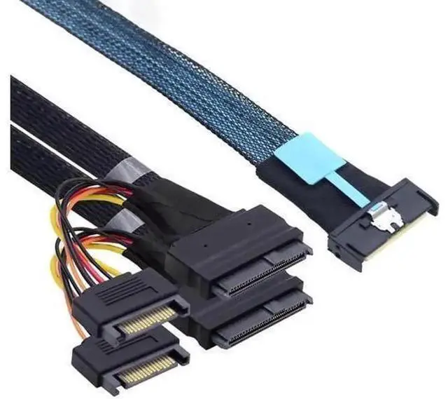 Main image of 19.68 Inch Slimline SAS MCIO 8i 74Pin to Dual SFF-8639 U.2 SSD Cable with 15Pin SATA Power, 24Gbps High-Speed Enterprise Storage Harness, 1-to-2 NVMe Hard Drive Expansion Wire for Rack Server, RAID Co
