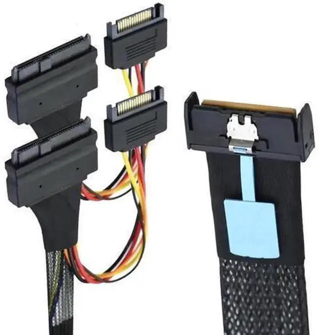 Alt view image 2 of 2 - 19.68 Inch Slimline SAS MCIO 8i 74Pin to Dual SFF-8639 U.2 SSD Cable with 15Pin SATA Power, 24Gbps High-Speed Enterprise Storage Harness, 1-to-2 NVMe Hard Drive Expansion Wire for Rack Server, RAID Co