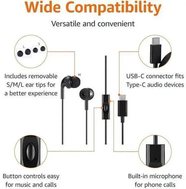 Alt view image 4 of 7 - USB-C Wired In-Ear Earbuds with Built-in Microphone, 4.2FT Long Cord, 3 Sizes S/M/L Silicone Ear Tips, Black Wired Headphones