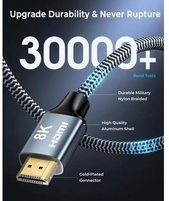 Alt view image 4 of 7 - 2 Pack 10FT HDMI 2.1 Braided Cable, 48Gbps Ultra High Speed 8K@60Hz 4K@120Hz HDMI Cord Support HDR eARC HDCP 2.2 2.3, Stable Video Audio Transfer Cable Compatible with 8K HDTV Gaming Monitor Laptop PC