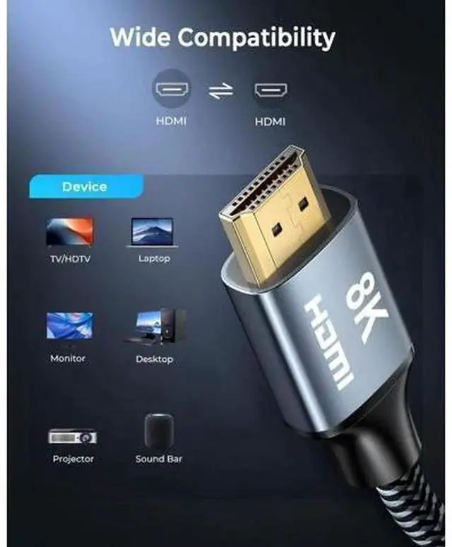 Alt view image 7 of 7 - 2 Pack 10FT HDMI 2.1 Braided Cable, 48Gbps Ultra High Speed 8K@60Hz 4K@120Hz HDMI Cord Support HDR eARC HDCP 2.2 2.3, Stable Video Audio Transfer Cable Compatible with 8K HDTV Gaming Monitor Laptop PC