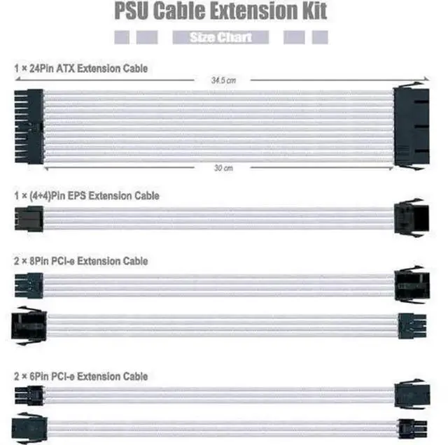 Alt view image 5 of 7 - Upgraded White PSU Extension Cable Kit with Cable Combs, 45 Inch 11-Piece ATX Power Supply Extension Cord Set, Contains 24Pin Mainboard, 8Pin CPU, 6Pin PCIe Power Extender Wires, Neat Cable Combs for