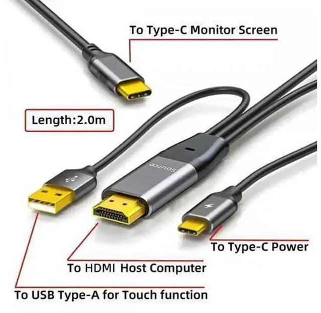 Alt view image 3 of 7 - 2.0m Reversed HDMI to USB-C Male Cable, 4K HDMI Source Input to Type-C Output Cord, Bidirectional Signal Conversion Wire for Touch Screen Displays, Laptops, Monitors & HDTV, Stable 4K Video Audio Tran