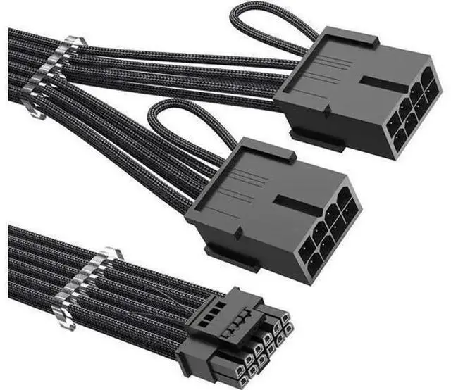 Main image of 13.3in Black Sleeved PCIe 5.0 12VHPWR Extension Cable, 16Pin(12+4) Male to Dual 8Pin Female RTX 40 Series GPU Power Extender with Cable Combs, 16AWG Thick Wire Core, High Power Load Resistant Cord for