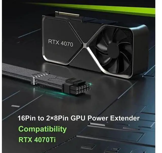 Alt view image 6 of 7 - 13.3in Black Sleeved PCIe 5.0 12VHPWR Extension Cable, 16Pin(12+4) Male to Dual 8Pin Female RTX 40 Series GPU Power Extender with Cable Combs, 16AWG Thick Wire Core, High Power Load Resistant Cord for
