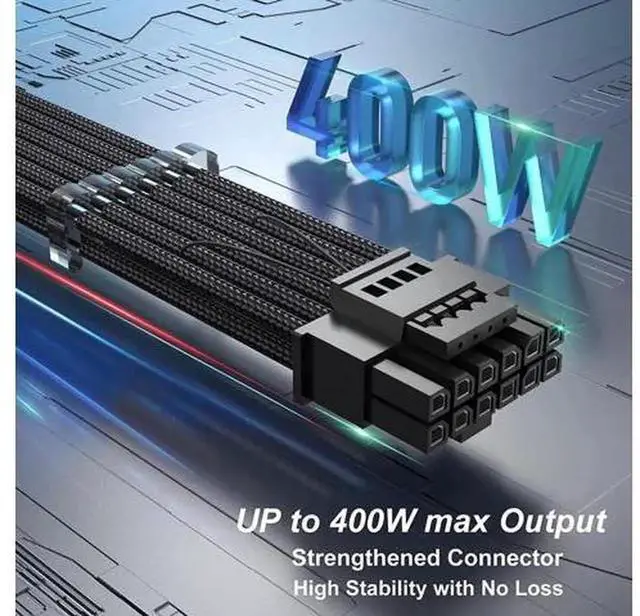 Alt view image 7 of 7 - 13.3in Black Sleeved PCIe 5.0 12VHPWR Extension Cable, 16Pin(12+4) Male to Dual 8Pin Female RTX 40 Series GPU Power Extender with Cable Combs, 16AWG Thick Wire Core, High Power Load Resistant Cord for
