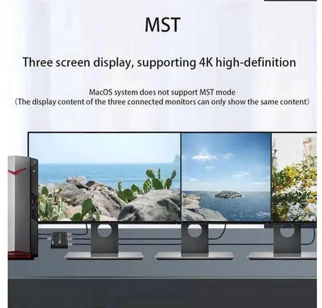 Alt view image 5 of 7 - DP 1.4 MST SST 1 In 3 Out 8K DisplayPort Splitter Hub, Supports 8K@30Hz & 4K@120Hz Triple Screen Expansion Adapter, 1 DP Ultra HD Source to 3 DP Monitors, Multi-Monitor Video Hub for Design Trading