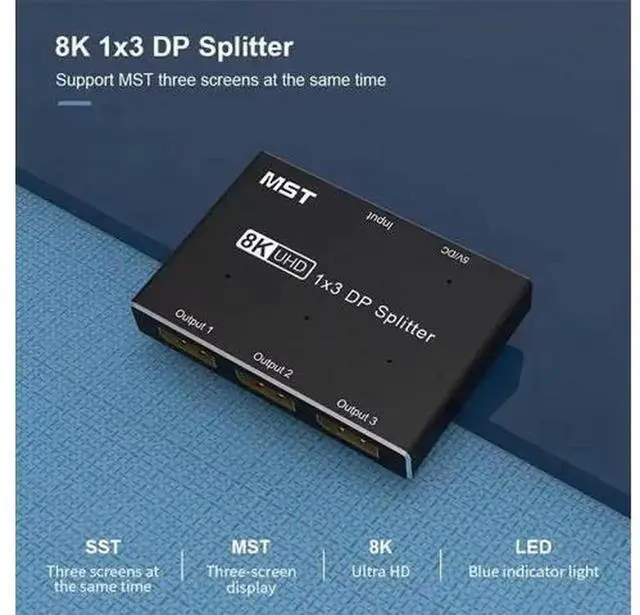 Alt view image 7 of 7 - DP 1.4 MST SST 1 In 3 Out 8K DisplayPort Splitter Hub, Supports 8K@30Hz & 4K@120Hz Triple Screen Expansion Adapter, 1 DP Ultra HD Source to 3 DP Monitors, Multi-Monitor Video Hub for Design Trading